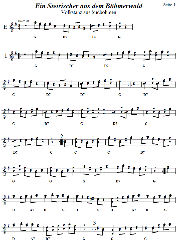Steirischer aus dem Bhmerwald, Seite 1,  in zweistimmigen Noten. 
Bitte klicken, um die Melodie zu hren.
