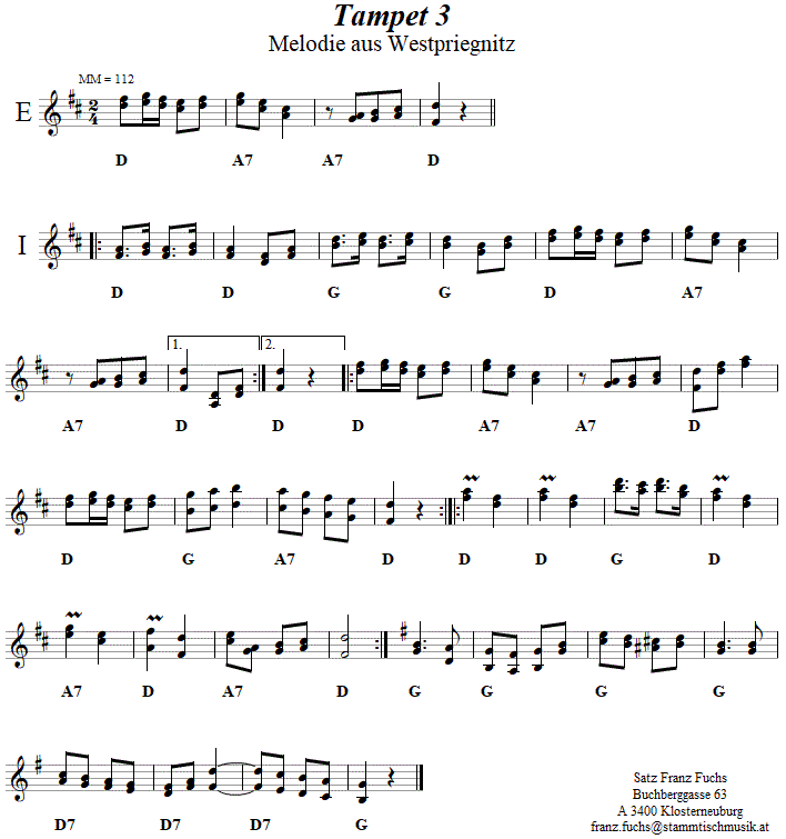 Tampet, 3. Melodie aus Westpriegnitz in zweistimmigen Noten. 
Bitte klicken, um die Melodie zu hren.