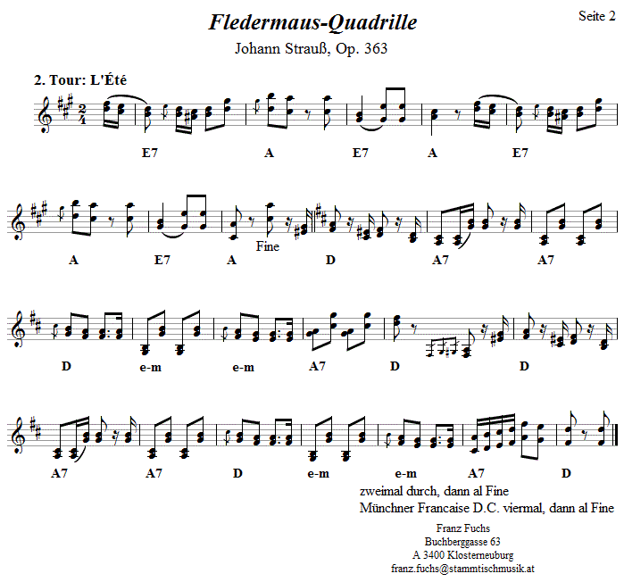 Fledermausquadrille, Seite 2, in zweistimmigen Noten.
Bitte klicken, um die Melodie zu hren.