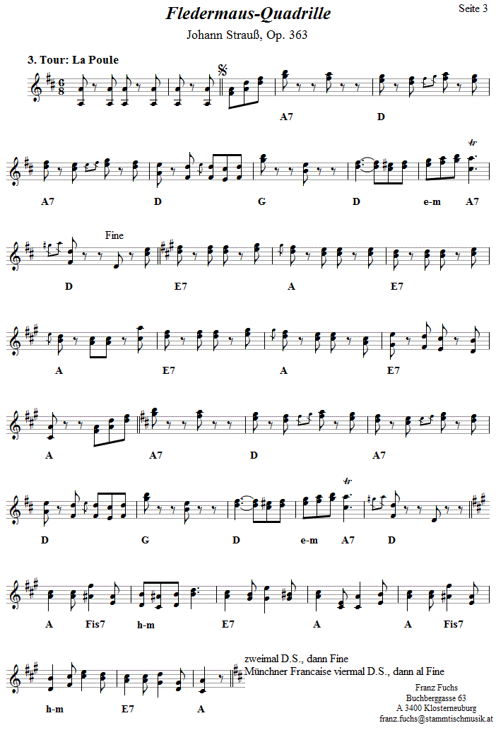Fledermausquadrille, Seite 3, in zweistimmigen Noten.
Bitte klicken, um die Melodie zu hren.