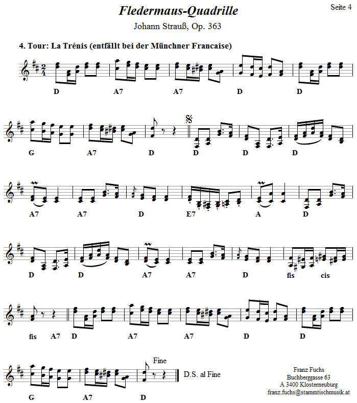 Fledermausquadrille, Seite 4, in zweistimmigen Noten.
Bitte klicken, um die Melodie zu hren.