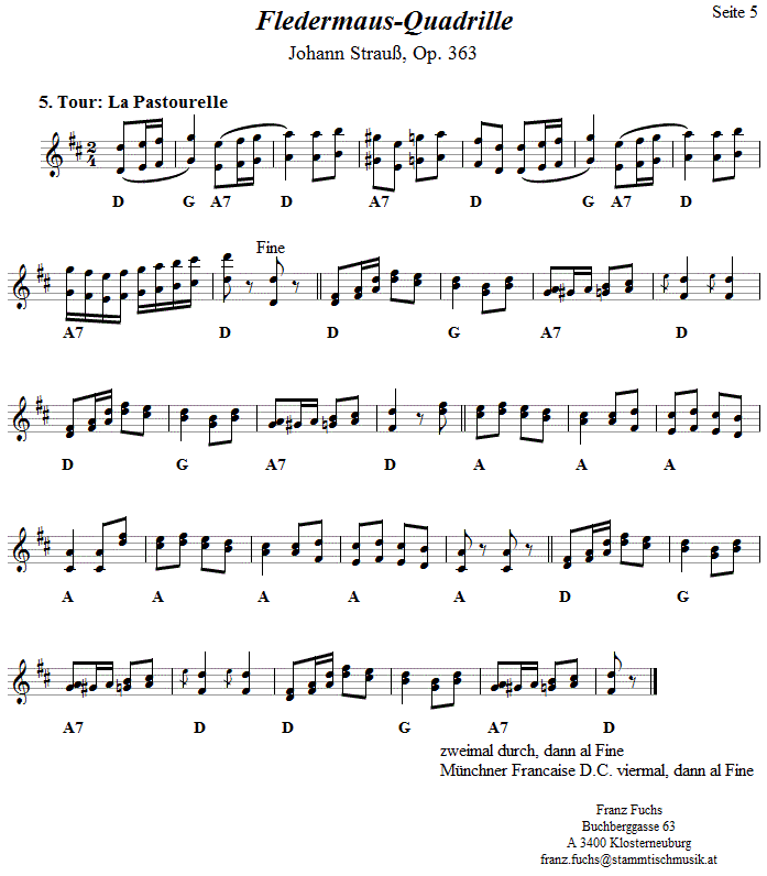 Fledermausquadrille, Seite 5, in zweistimmigen Noten.
Bitte klicken, um die Melodie zu hren.