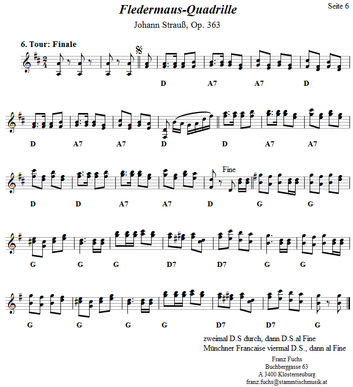 Fledermausquadrille, Seite 6, in zweistimmigen Noten.
Bitte klicken, um die Melodie zu hren.