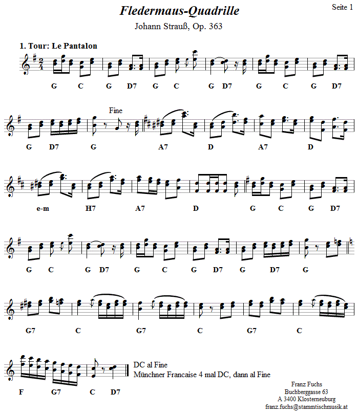 Fledermausquadrille, Seite 1, in zweistimmigen Noten. 
Bitte klicken, um die Melodie zu hren.