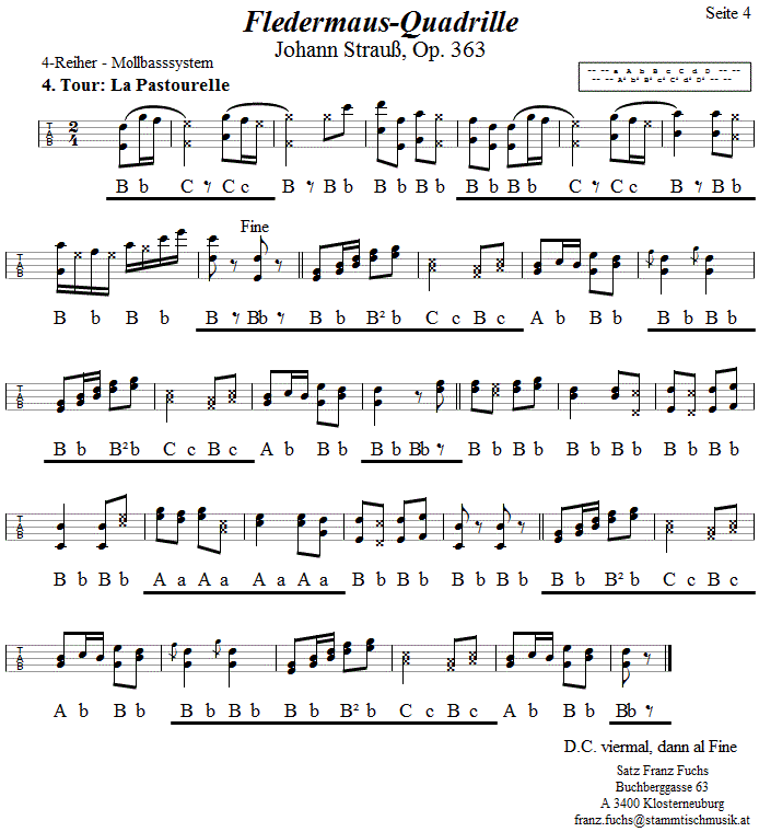 Fledermausquadrille, Seite 4, in Griffschrift fr Steirische Harmonika.
Bitte klicken, um die Melodie zu hren.