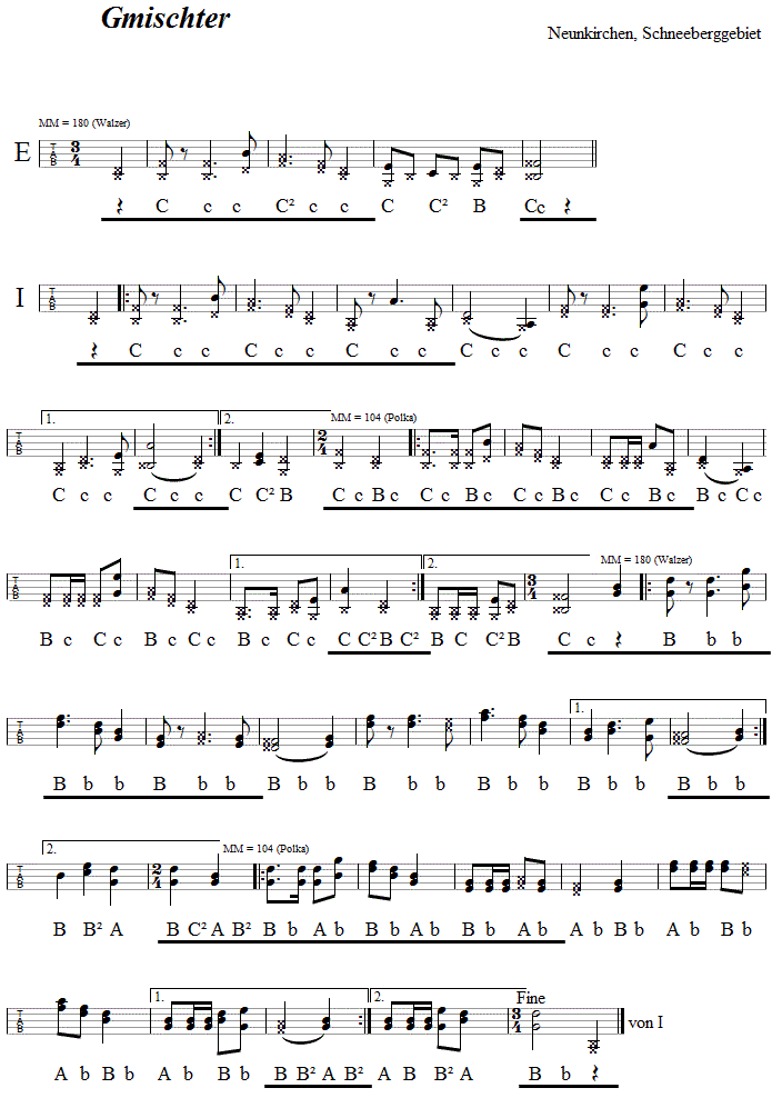 Studentenpolka in Griffschrift f�r steirische Harmonika. 
Bitte klicken, um die Melodie zu h�ren.