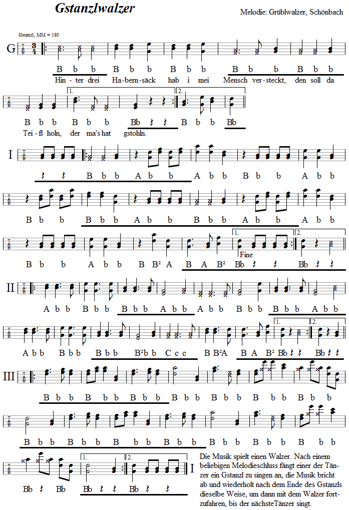 Gstanzlwalzer in Griffschrift fr Steirische Harmonika. 
Bitte klicken, um die Melodie zu hren.