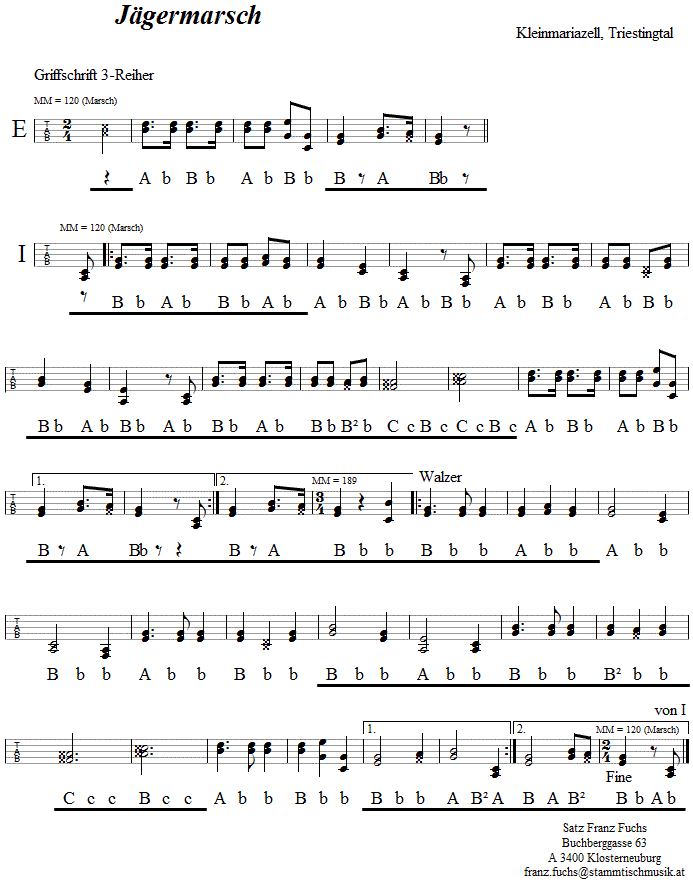 J�germarsch in Griffschrift f�r Steirische Harmonika. 
Bitte klicken, um die Melodie zu h�ren.