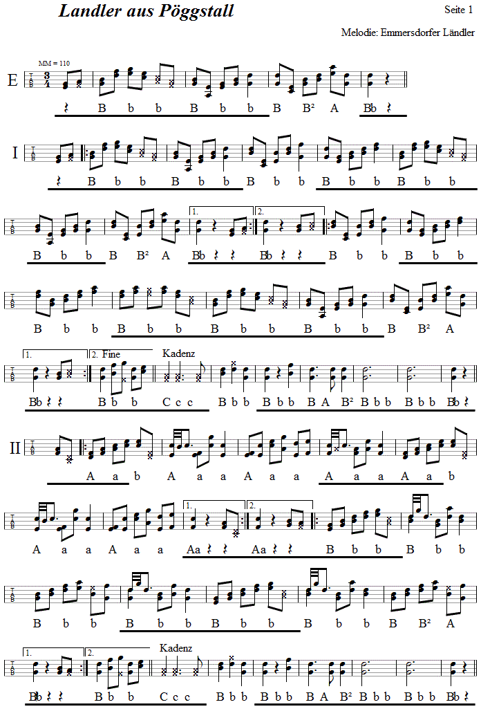 Landler aus Pggstall, Seite 1, in Griffschrift fr Steirische Harmonika. 
Bitte klicken, um die Melodie zu hren.