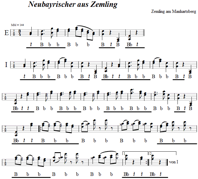 Neubayrischer aus Zemling in Griffschrift fr Steirische Harmonika.
Bitte klicken, um die Melodie zu hren.