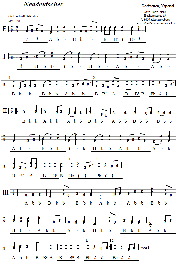 Neudeutscher in Griffschrift f�r Steirische Harmonika.
Bitte klicken, um die Melodie zu h�ren.