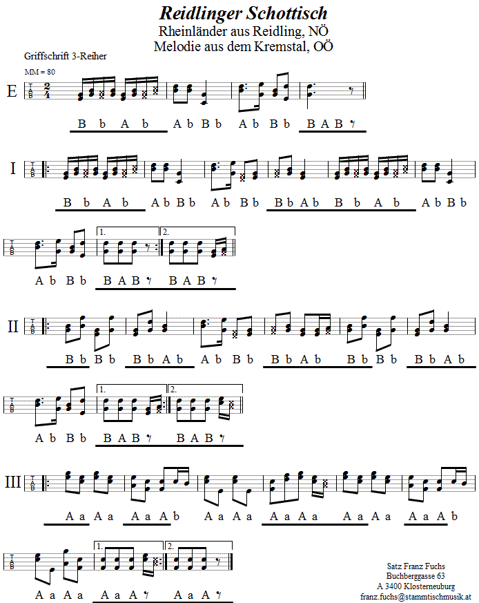 Reidlinger Schottisch (zweite Melodie) in Griffschrift fr Steirische Harmonika. 
Bitte klicken, um die Melodie zu hren.