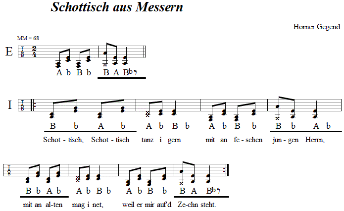 Schottisch aus Messern in Griffschrift fr Steirische Harmonika. 
Bitte klicken, um die Melodie zu hren.
