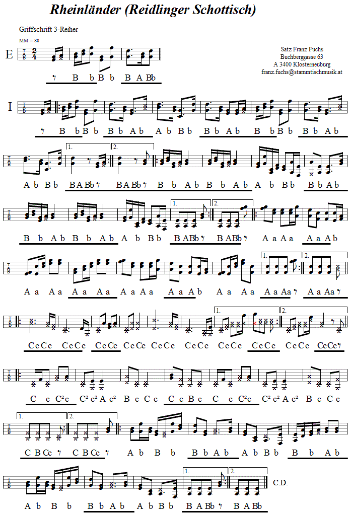 Reidlinger Schottisch - Rheinlnder in Griffschrift fr Steirische Harmonika.
Bitte klicken, um die Melodie zu hren.
