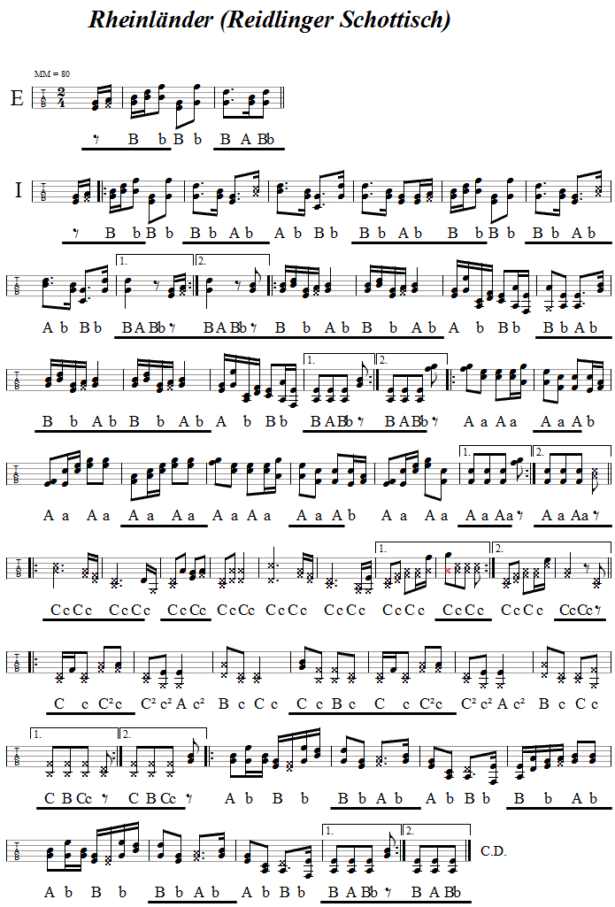 Reidlinger Schottisch - Rheinl�nder in Griffschrift f�r Steirische Harmonika.
Bitte klicken, um die Melodie zu h�ren.