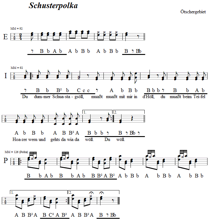 Schusterpolka aus dem tschergebiet in Griffschrift fr Steirische Harmonika. 
Bitte klicken, um die Melodie zu hren.