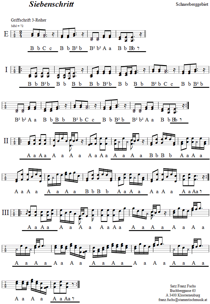 Siebenschritt in Griffschrift fr Steirische Harmonika. 
Bitte klicken, um die Melodie zu hren.