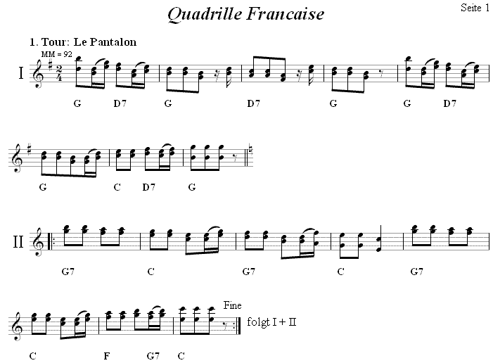 Quadrille Francaise aus Niedersterreich, Seite 1, in zweistimmigen Noten. 
Bitte klicken, um die Melodie zu hren.