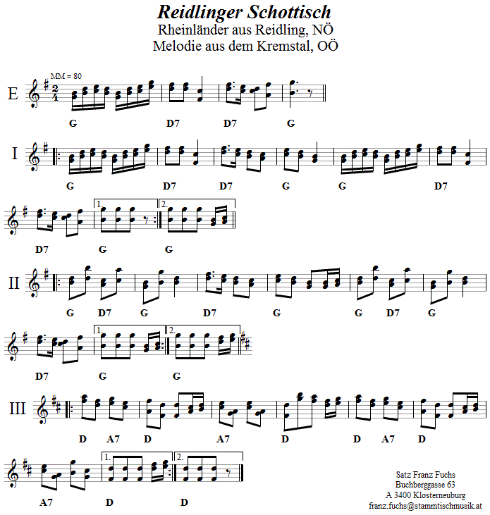 Reidlinger Schottisch (zweite Melodie) in zweistimmigen Noten.
Bitte klicken, um die Melodie zu hren.