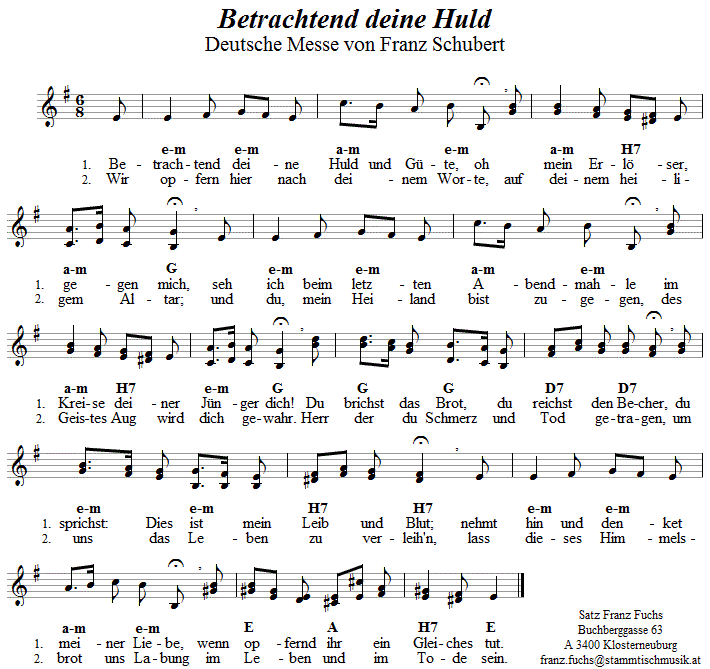 Betrachtend deine Huld und Gte  (Nach der Elevation, Deutsche Messe, Schubert)  in zweistimmigen Noten. 
Bitte klicken, um die Melodie zu hren.