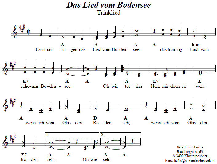 Das Lied vom Bodensee, zweistimmiges Trinklied. 
Bitte klicken, um die Melodie zu hren.