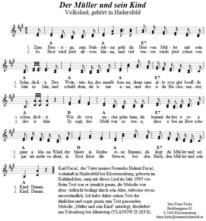 Der Mller und sein Kind, in zweistimmigen Noten.
Bitte klicken, um die Melodie zu hören.