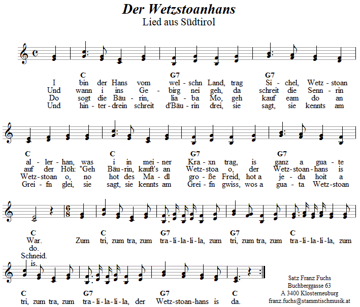 Der Wetzstoanhans, zweistimmiges Lied. 
Bitte klicken, um die Melodie zu hren.