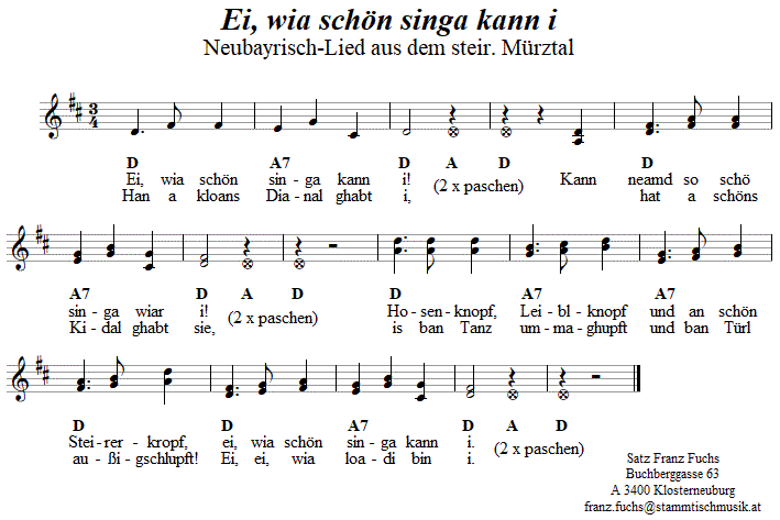 Ei, wia schn singa kann i, in zweistimmigen Noten. 
Bitte klicken, um die Melodie zu hren.