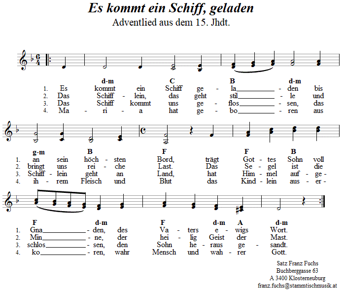 Es kommt ein Schiff geladen, Adventlied in zweistimmigen Noten. 
Bitte klicken, um die Melodie zu hren.