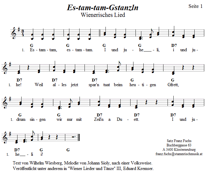 Es-tam-tam-Gstanzln - in zweistimmigen Noten. 
Bitte klicken, um die Melodie zu hren.