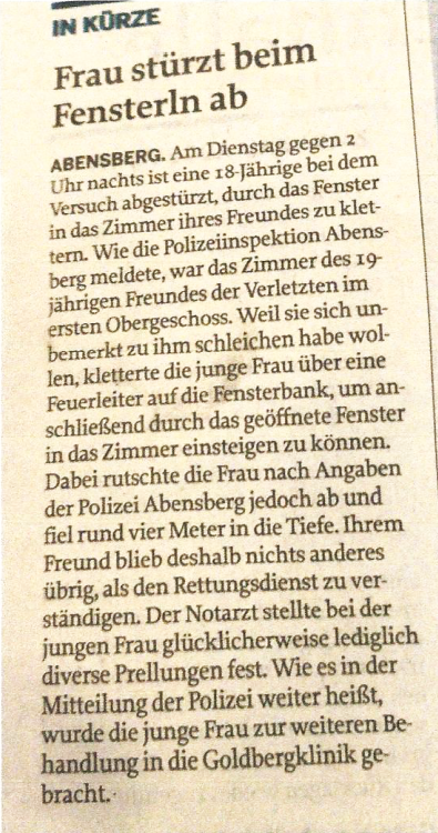 Frau strzt beim Fensterln ab