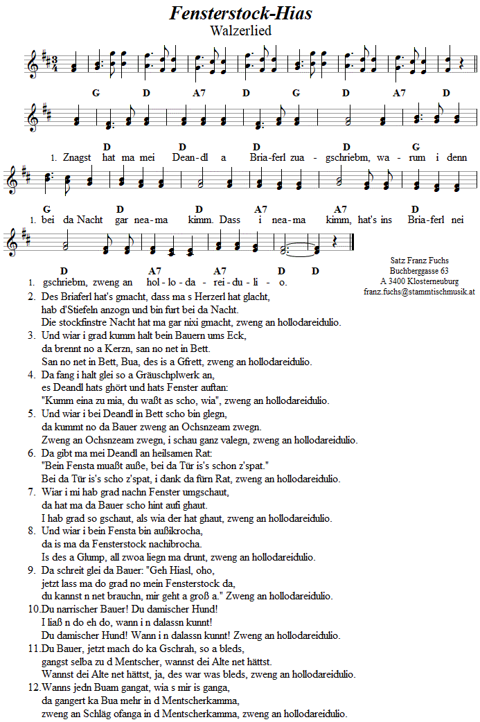 Fensterstock-Hias, Lied in zweistimmigen Noten. 
Bitte klicken, um die Melodie zu hren.