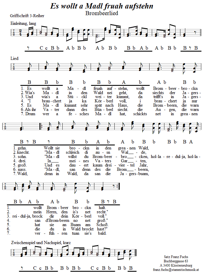 Es wollt a Madl fruah aufstehn (Brombeerlied) in Griffschrift fr Steirische Harmonika. 
Bitte klicken, um die Melodie zu hören.