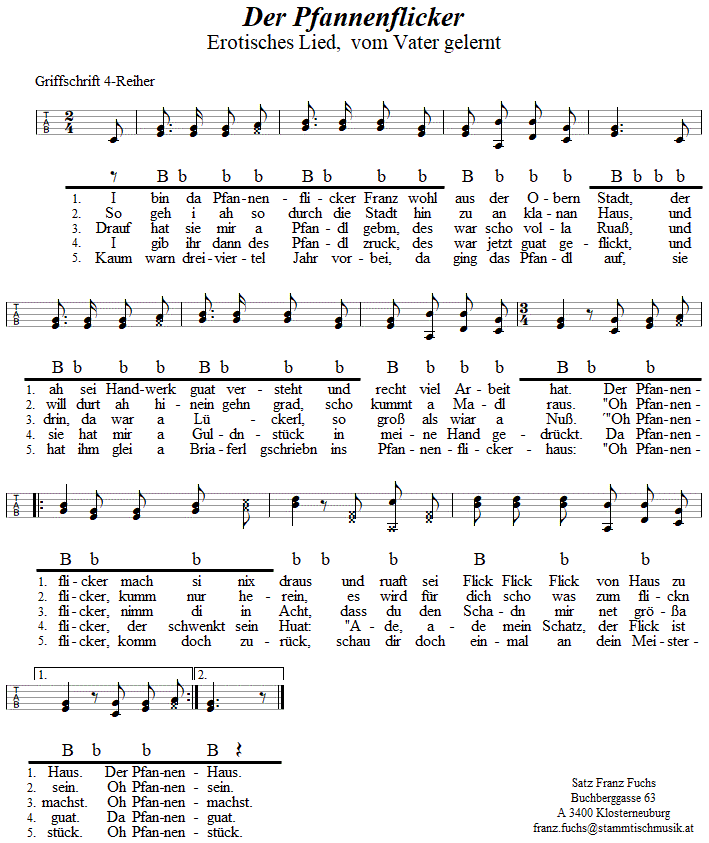 Der Pfannenflicker, Lied in Griffschrift fr Steirische Harmonika. 
Bitte klicken, um die Melodie zu hören.