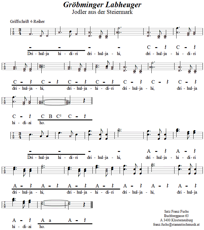 Grbminger Labheuger, zweistimmiger Jodler in Griffschrift fr Steirische Harmonika. 
Bitte klicken, um die Melodie zu hren.