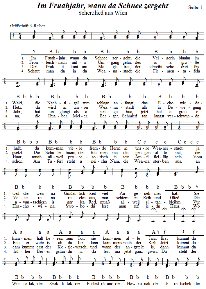 Im Fruahjahr, wann da Schnee zergeht, zweistimmiges Lied in Griffschrift fr Steirische Harmonika, Seite 1. 
Bitte klicken, um die Melodie zu hören.