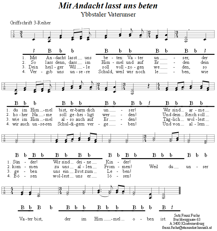 Mit Andacht lasst uns beten, Ybbstaler Vater unser, in Griffschrift fr Steirische Harmonika. 
Bitte klicken, um die Melodie zu hren.