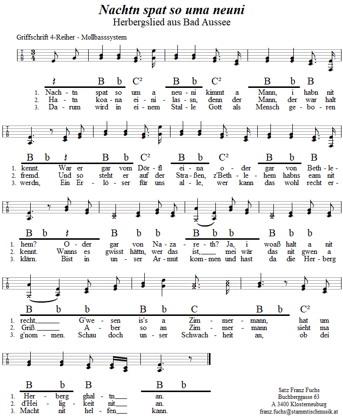 Nachtn spat so uma Neuni, Adventlied in Griffschrift fr Steirische Harmonika. 
Bitte klicken, um die Melodie zu hren.