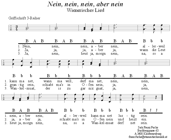 Nein, nein, nein, aber nein, dreistimmiges Lied in Griffschrift fr Steirische Harmonika. 
Bitte klicken, um die Melodie zu hren.