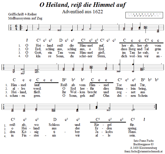 O Heiland reiß die Himmel auf, Adventlied in Griffschrift für Steirische Harmonika. 
Bitte klicken, um die Melodie zu hören.