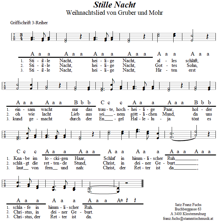 Stille Nacht, Weihnachtslied in Griffschrift fr Steirische Harmonika. 
Bitte klicken, um die Melodie zu hren.