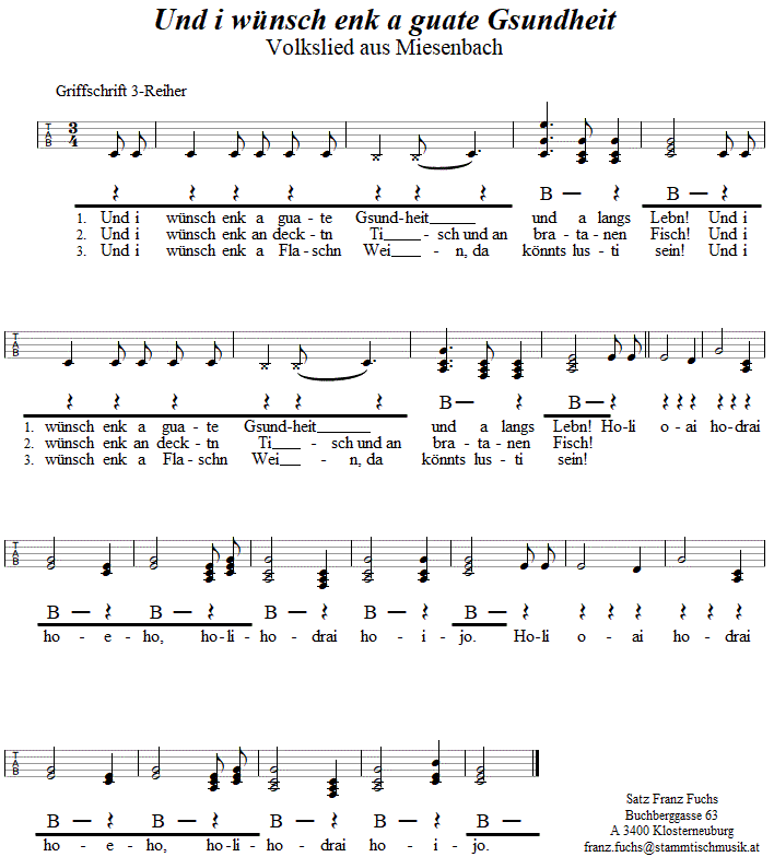 Und i wnsch enk a guate Gsundheit, in Griffschrift fr Steirische Harmonika. 
Bitte klicken, um die Melodie zu hren.