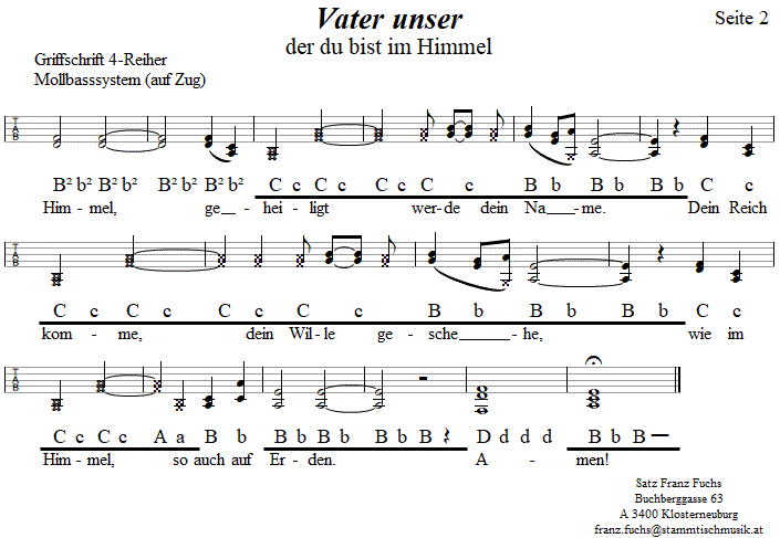 Vater unser, Kirchenlied in Griffschrift für Steirische Harmonika, Seite 2. 
Bitte klicken, um die Melodie zu hören.