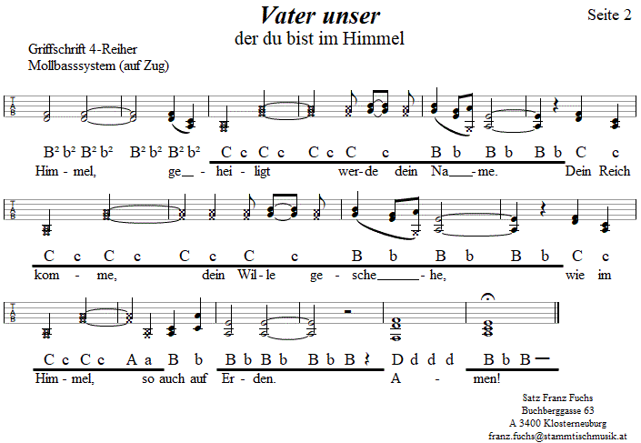 Vater unser, Kirchenlied in Griffschrift fr Steirische Harmonika, Seite 2. 
Bitte klicken, um die Melodie zu hren.