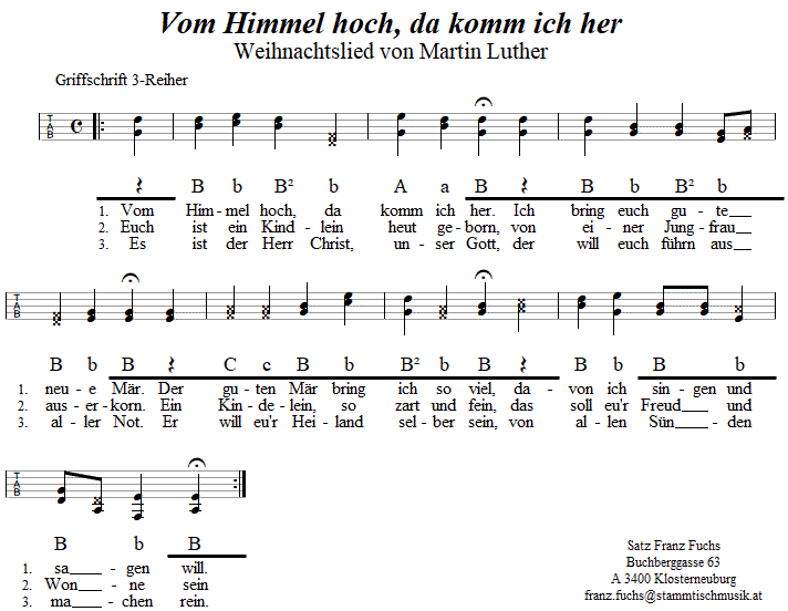 Vom Himmel hoch, da komm ich her, zweistimmiges Lied in Griffschrift für Steirische Harmonika
Bitte klicken, um die Melodie zu hören.