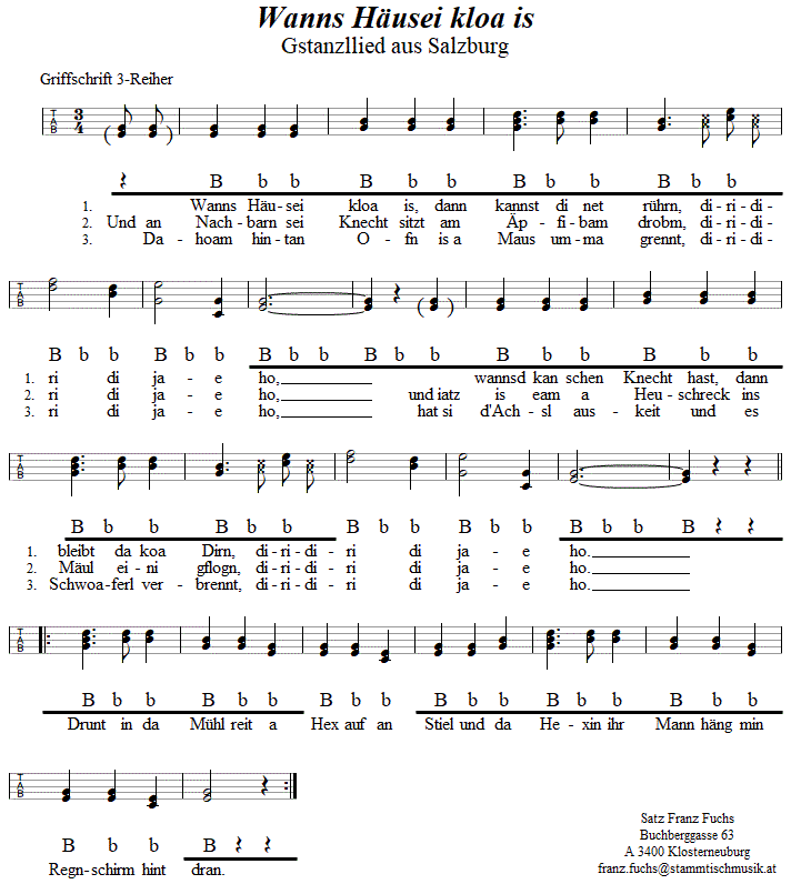 Wanns Husei kloa is, in Griffschrift fr Steirische Harmonika. 
Bitte klicken, um die Melodie zu hren.