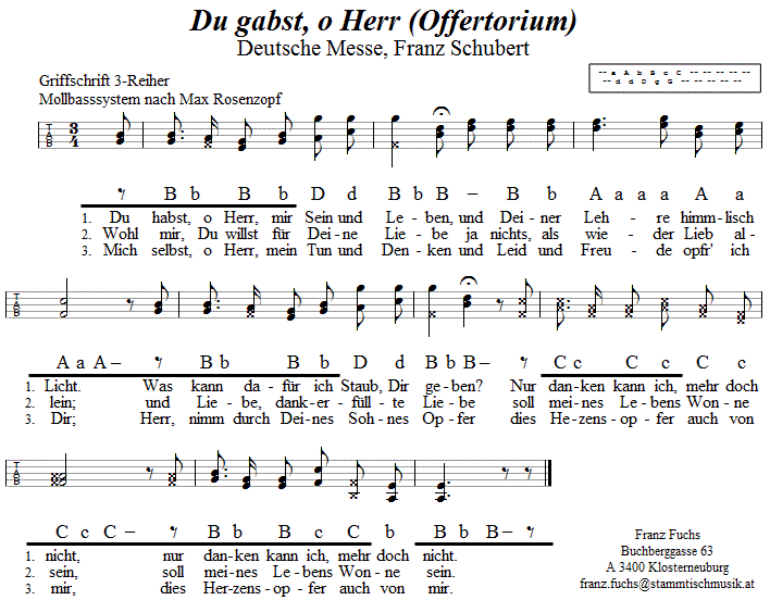 Du gabst, o Herr (Offertorium, Deutsche Messe, Schubert)  in Griffschrift für Steirische Harmonika. 
Bitte klicken, um die Melodie zu hören.