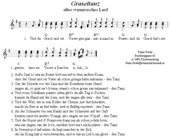Graseltanz. 
Wienerisches Lied in zweistimmigen Noten. 
Bitte klicken, um die Melodie zu hören.