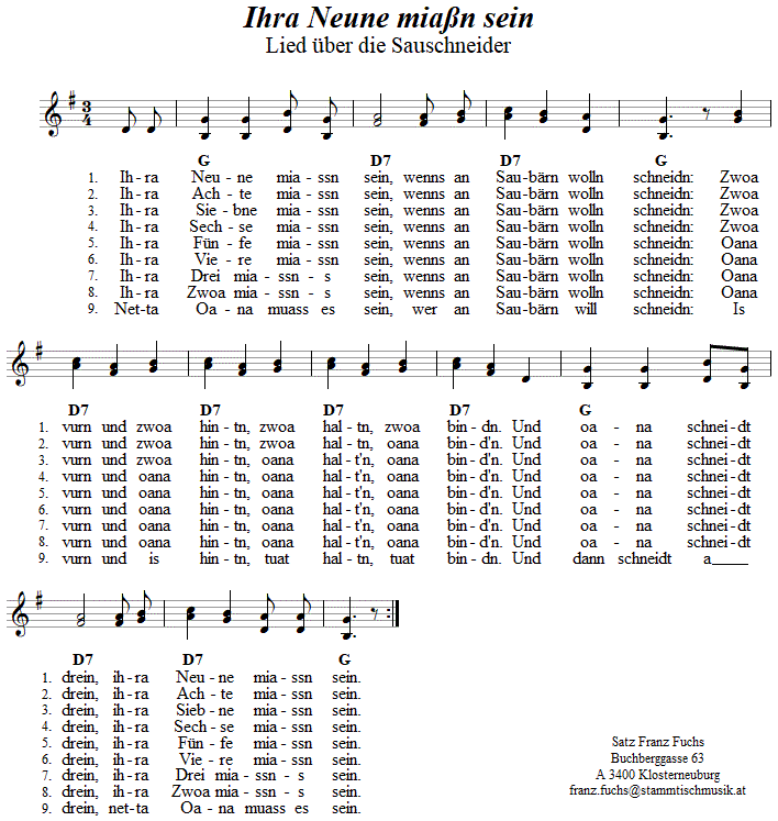 Ihra Neune miassn sein (Sauschneiderlied), zweistimmiges Lied. 
Bitte klicken, um die Melodie zu hren.