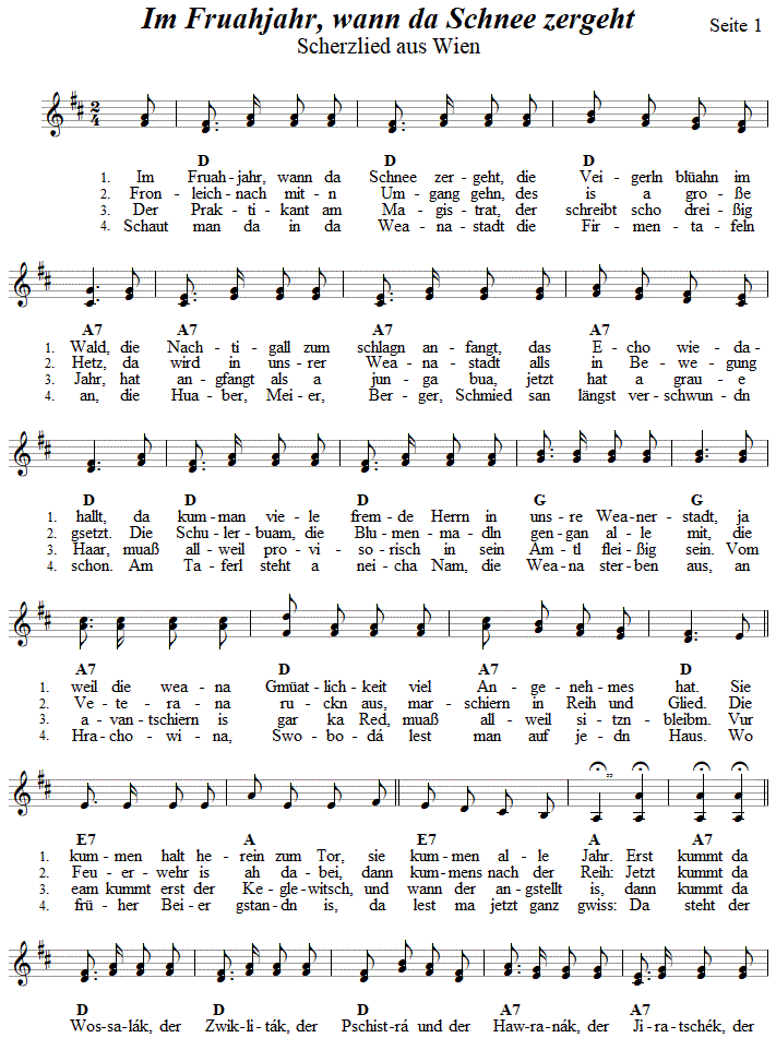 Im Fruahjahr, wann da Schnee zergeht, zweistimmiges Lied, Seite 1. 
Bitte klicken, um die Melodie zu hören.